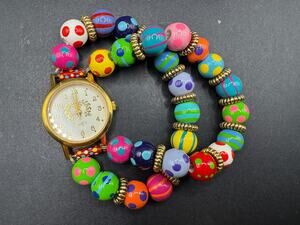 Angela Moore Gold Tone Quartz Watch Colorful Painted Beads Elastic Band